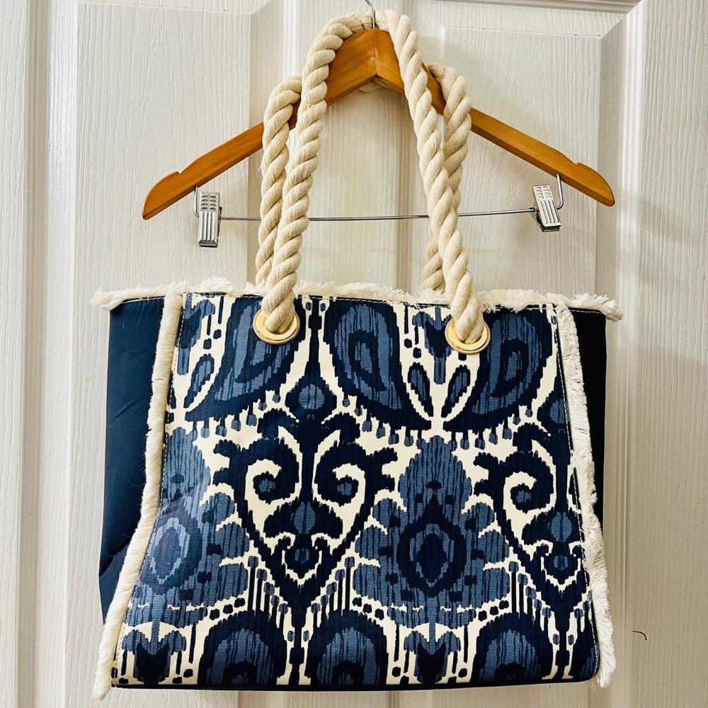 Spartina 449 Moonglade Boho Beach Tote Blue White Ikat Fringe 960675 Rope Straps - Picture 2 of 14